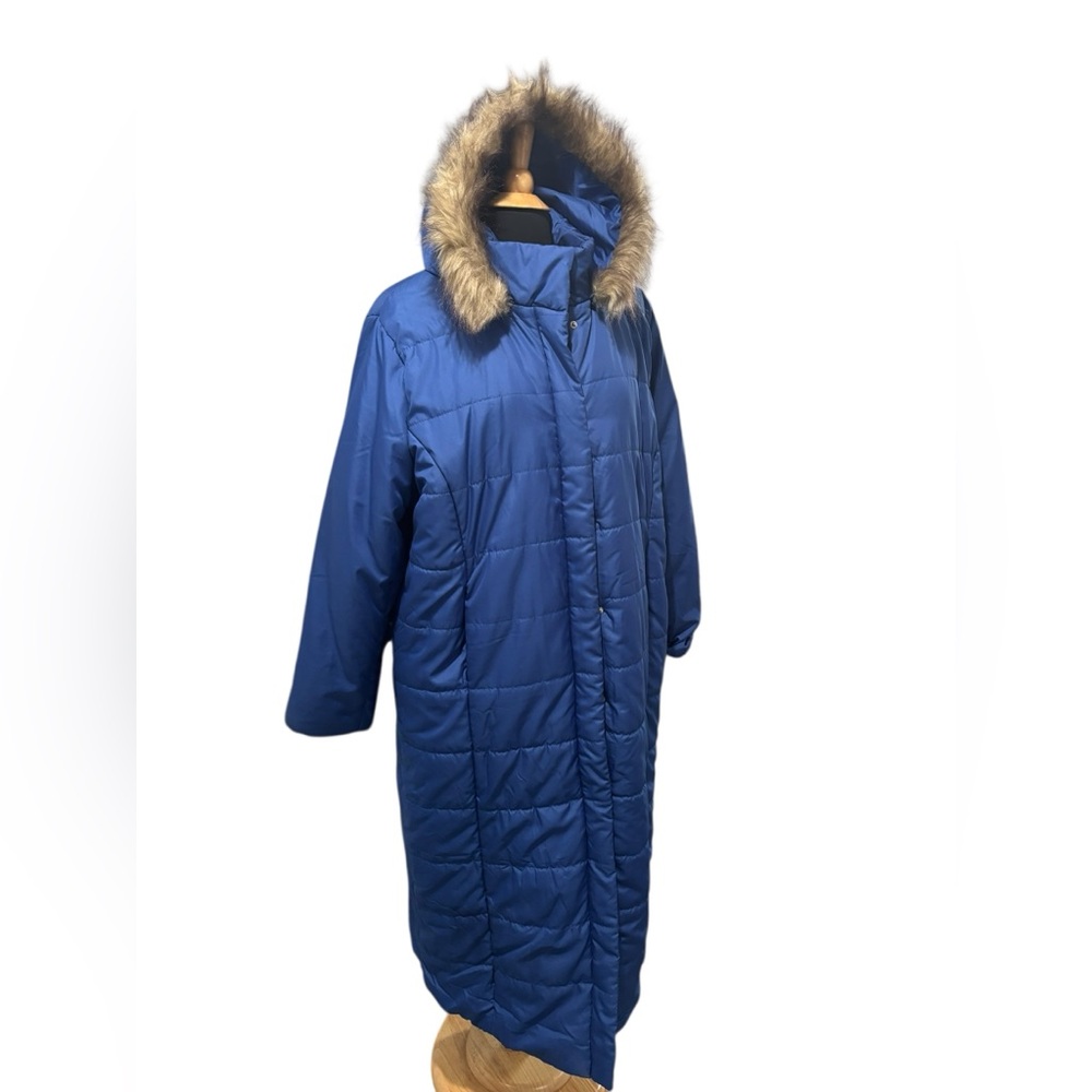 Roaman's Plus Size Blue Knee Length Puffer Coat w/Faux Fur Hood-size 1X - Picture 2 of 11